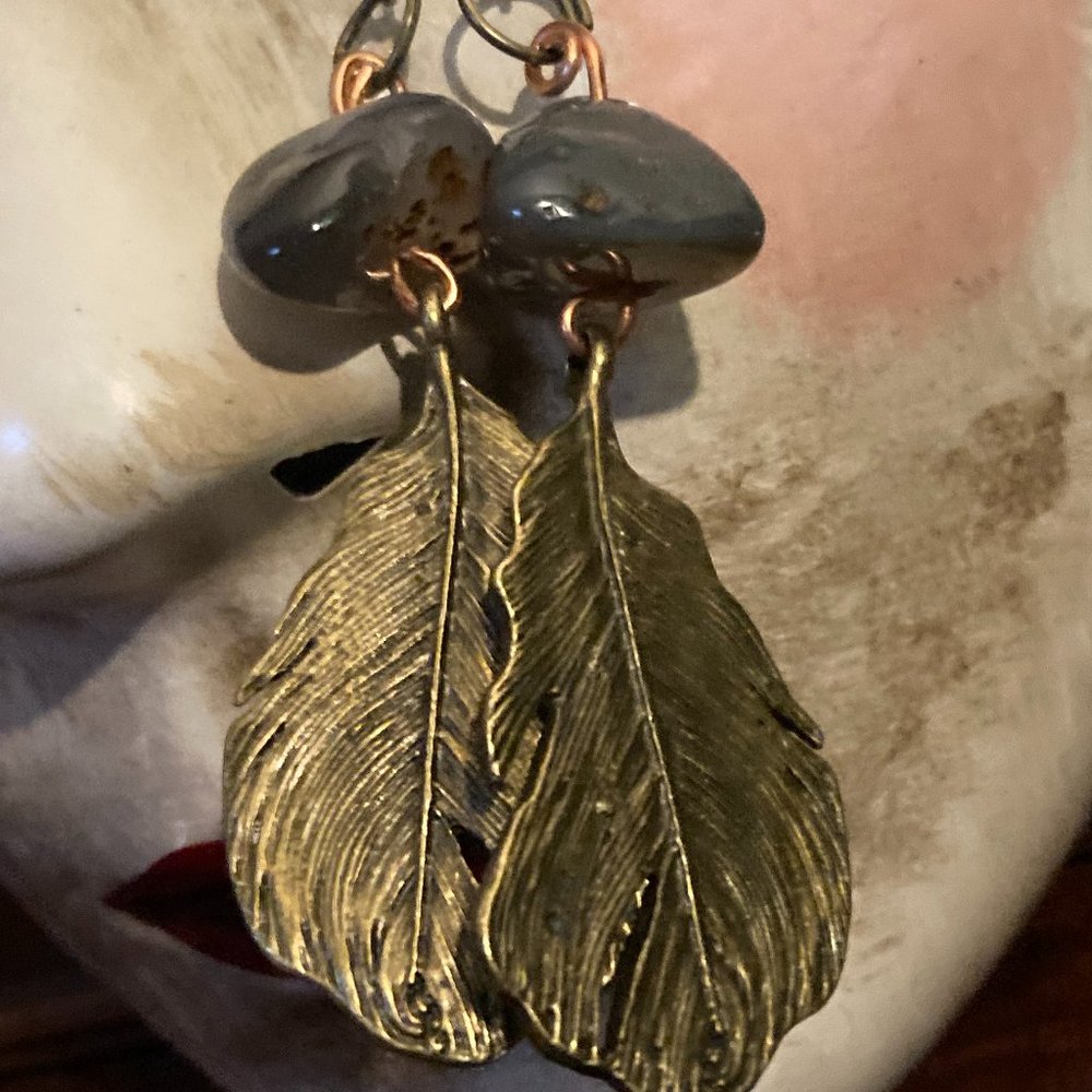 Witch B*tch Bronze and Gray Agate Feather Earrings